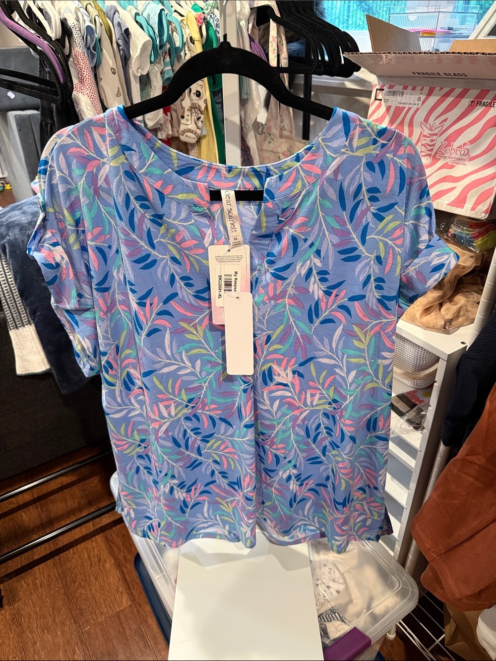Light Blue Floral-Print Short Sleeve Blouse